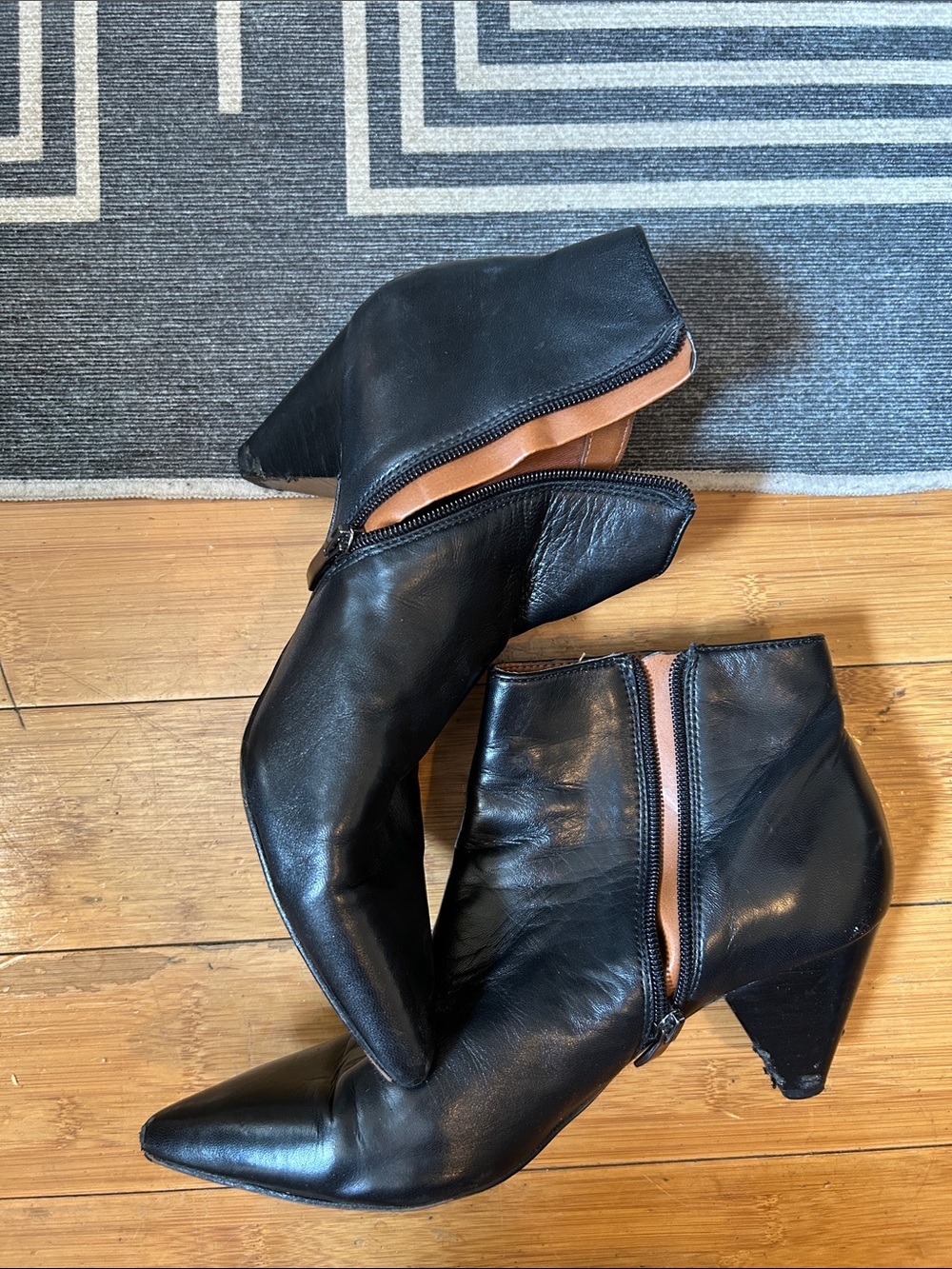 Franco Sarto Black Leather Pointed Ankle Booties with Side Zip